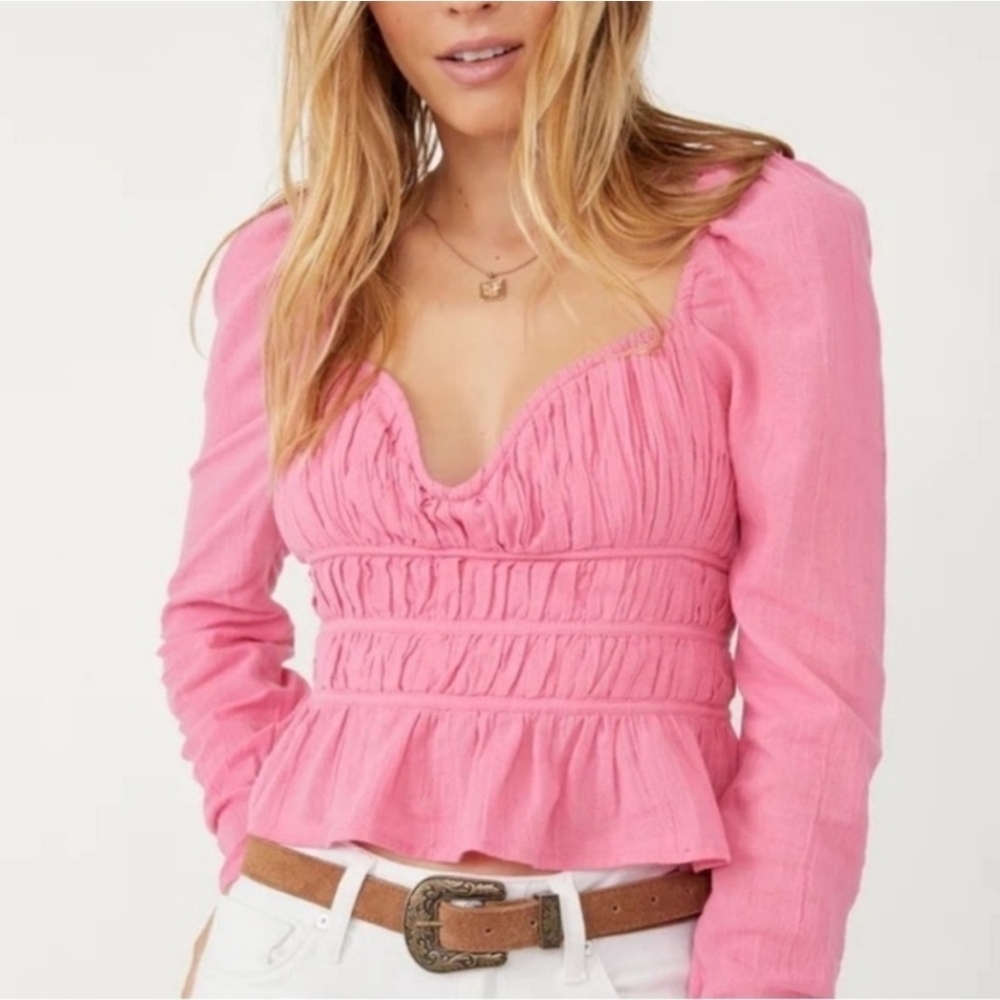 Free People Pink Ruched Long Sleeve Top